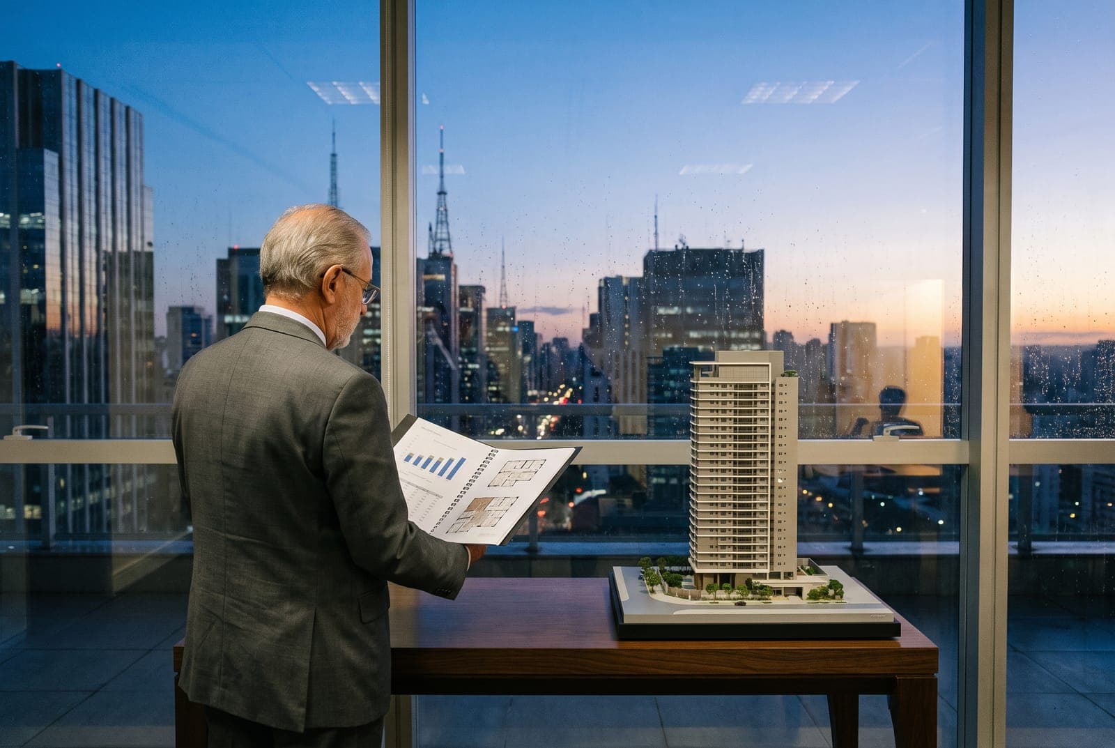 Consultor imobiliário analisando maquete e relatório de mercado em frente à janela, com o skyline da cidade ao anoitecer